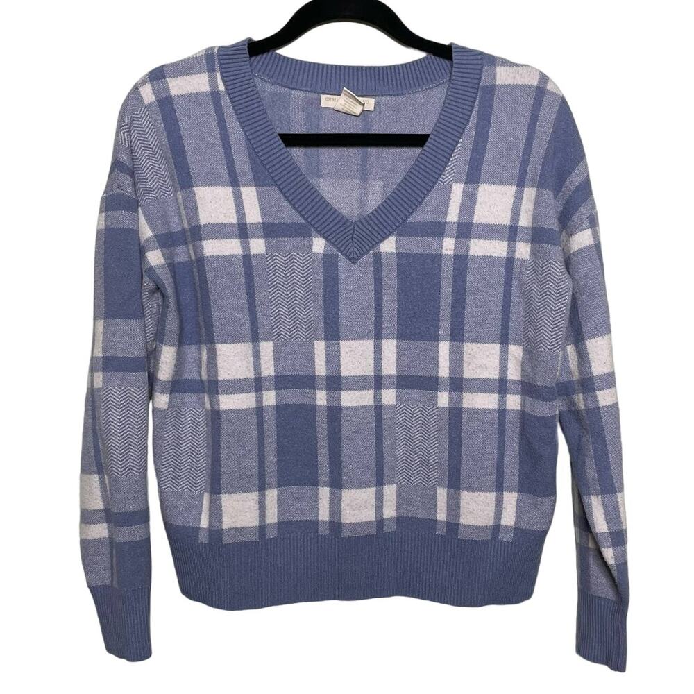 Christian Siriano‎ V-Neck Sweater Plaid Knit Pullover Blue White M Preppy Career